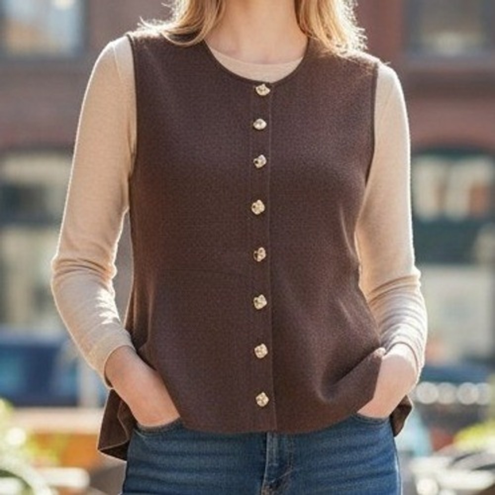Very Truly Yours Sweater Vest Large Women Brown Excellent Peplum Gold Button